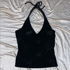 Size S / M Black Velour Halter Tie Tank | Seduction Black Halter Tie Top